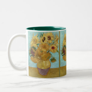 Caneca De Café Em Dois Tons Girasóis de Van Gogh - Impressionismo Azul e Amare