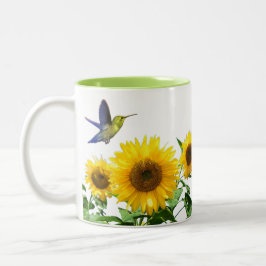 Caneca De Café Em Dois Tons Girassóis Amarelos Ensolarados e Beija-flor