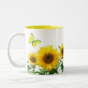 Caneca De Café Em Dois Tons Girassóis Amarelos Ensolarados e Borboleta