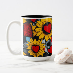Caneca De Café Em Dois Tons girassóis e corações