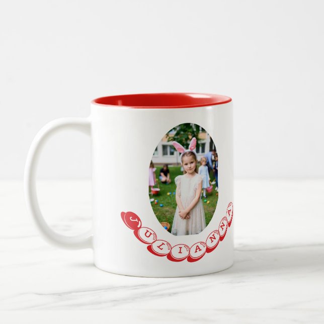 Caneca De Café Em Dois Tons Girl Photo Hunting Eggs with Rabbit Ears & Name (Esquerda)