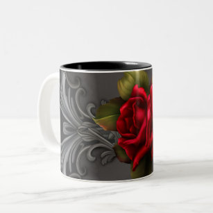 Caneca De Café Em Dois Tons Glamor Gótico Rosa vermelha Grelha Ornamental Negr