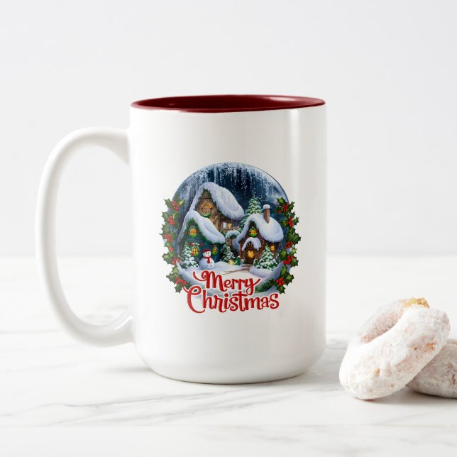 Caneca De Café Em Dois Tons Globo de Neve da Aldeia de Inverno Whimsso (Com Donut)