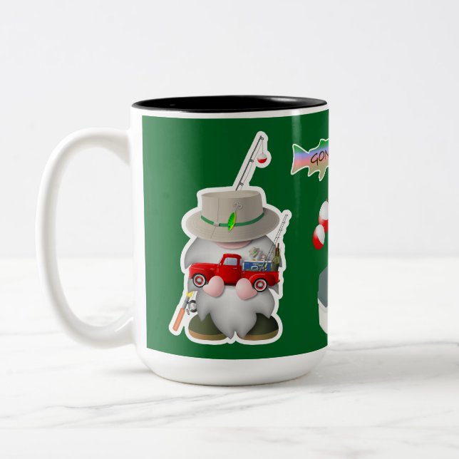 Caneca De Café Em Dois Tons Gnomo de Pesca com Pequeno Caminhão Vermelho (Esquerda)