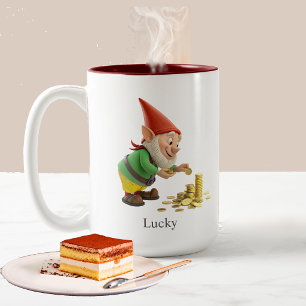 Caneca De Café Em Dois Tons Gnomo Engraçado, Moedas de Ouro, Caligrafia & Mono