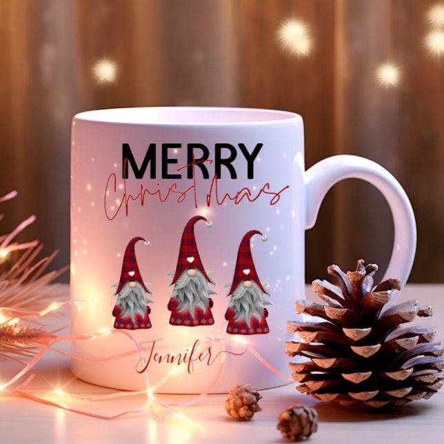 Caneca De Café Em Dois Tons Gnomos de Natal Feliz e Xadrez Bonita (Criador carregado)