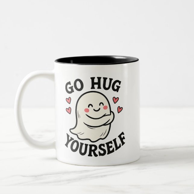 Caneca De Café Em Dois Tons Go Hug Yourself Ghost – Cute Halloween Self-Love (Esquerda)