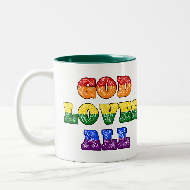 Caneca De Café Em Dois Tons "God Loves All" Gay/LGBTQIA+/Queer Christian Pride (Esquerda)