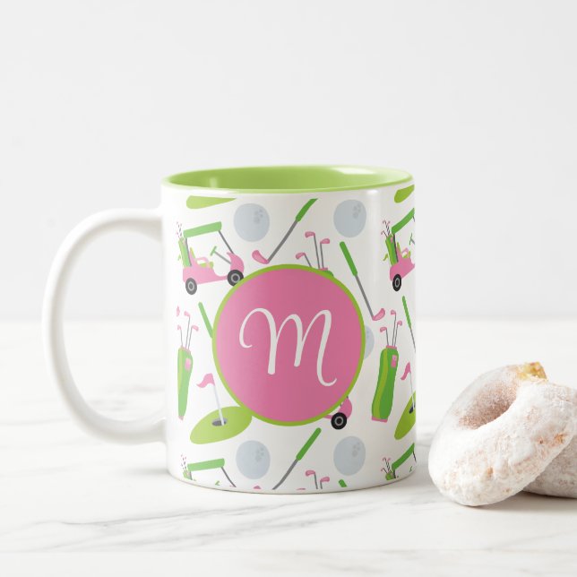 Caneca De Café Em Dois Tons Golfe Rosa E Verde Personalizado Monograma (Com Donut)