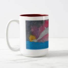Caneca De Café Em Dois Tons Golfinhos Contra um Céu Galáctico