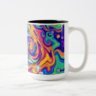 Caneca De Café Em Dois Tons Golfinhos psicodélicos em turnos de oceano vívido