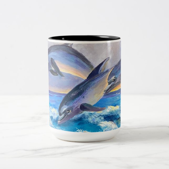 Caneca De Café Em Dois Tons Golfinhos Saltando Para A Alegria (Centro)