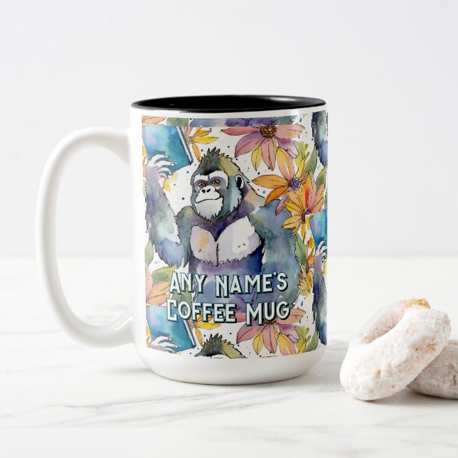 Caneca De Café Em Dois Tons Gorilla Segurando Café Grande Dois Tons (Com Donut)
