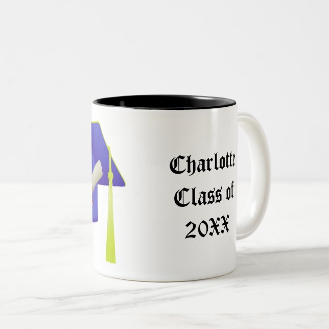 Caneca De Café Em Dois Tons Graduação Boné Azul Classe de 20XX Adicionar Nome (Frente Esquerda)