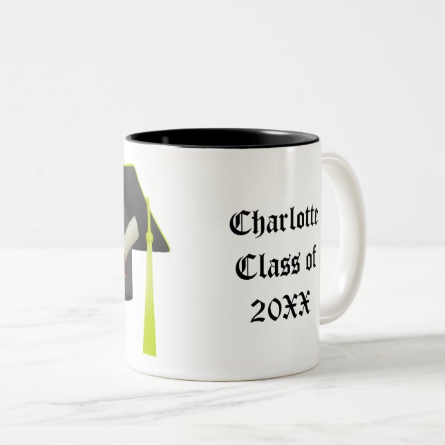 Caneca De Café Em Dois Tons Graduação Boné Preto Classe de 20XX Adicionar Nome (Frente Esquerda)