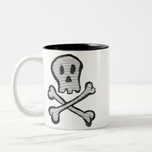 Caneca De Café Em Dois Tons Gráfica de Crânio de Pirata em Mosaico Desenhado à