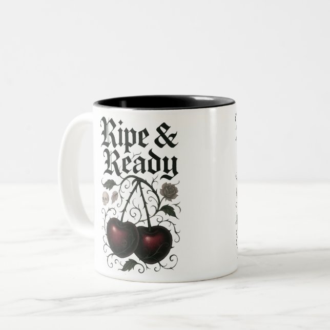 Caneca De Café Em Dois Tons Gráfico Gótico de Cerejas em Ripe & Ready (Frente Esquerda)