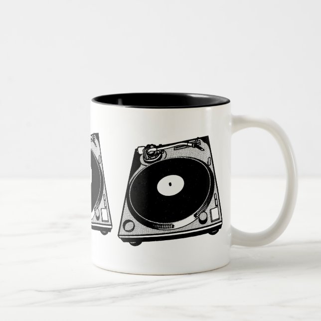 Caneca De Café Em Dois Tons Gráfico Retro Turntable a Preto (Direita)