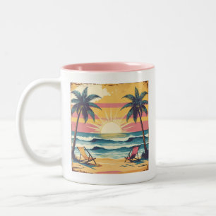 Caneca De Café Em Dois Tons Gráficos da Praia de Verão Retro