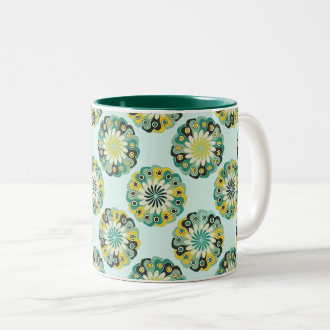Caneca De Café Em Dois Tons Green and Teal Modern Geometric Flower Pattern (Frente Esquerda)