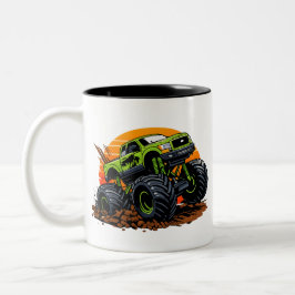 Caneca De Café Em Dois Tons Green Monster Truck Off-Road Racing Illustration