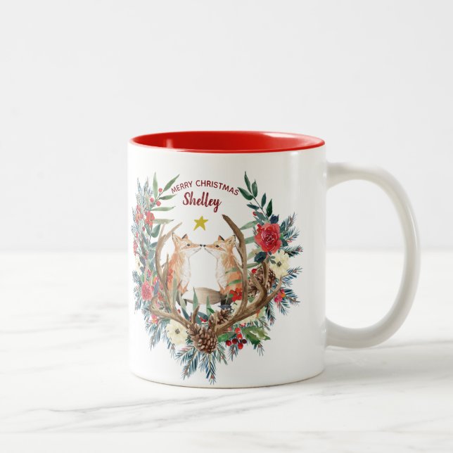 Caneca De Café Em Dois Tons grinalda das bagas das raposas do Feliz Natal (Direita)