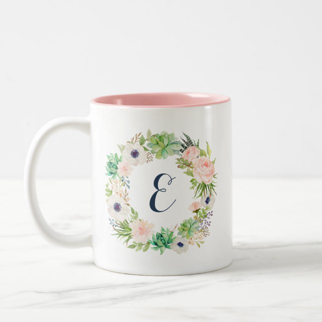 Caneca De Café Em Dois Tons Grinalda de Cacto de Suculentas Bege Floral Monogr (Esquerda)