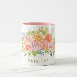 Caneca De Café Em Dois Tons Grinalda dos rosas da aguarela com nome