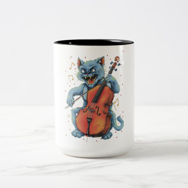 Caneca De Café Em Dois Tons Gritando Músico Gato Tocando Cello (Centro)