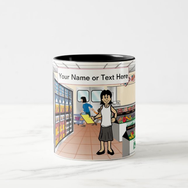 Caneca De Café Em Dois Tons Grocery Store Female Cartoon por PrintedPerfection (Centro)