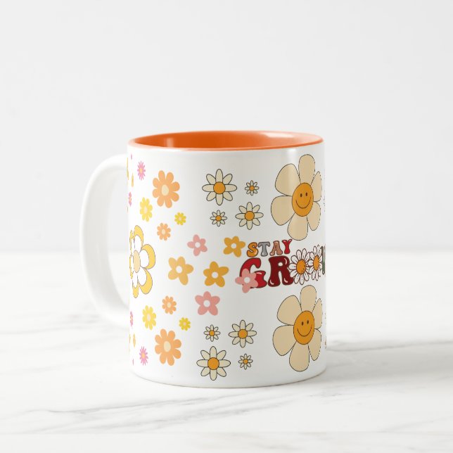 Caneca De Café Em Dois Tons Groovy Retro Daisy Flowers Padrão Boho Floral (Frente Esquerda)