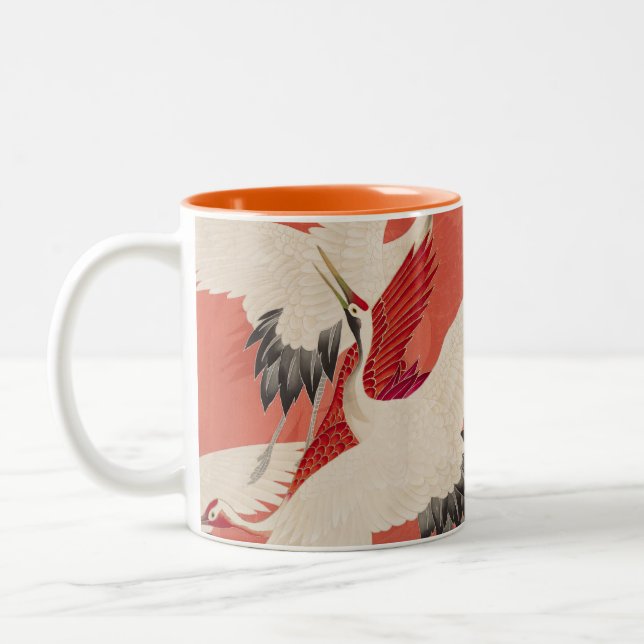 Caneca De Café Em Dois Tons Gruas Japonesas Queimaram Laranja Kimono Arte Teci (Esquerda)