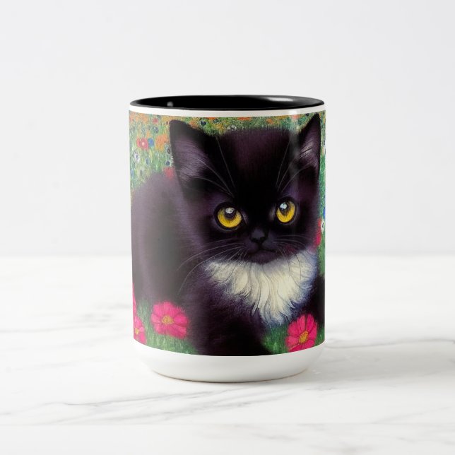Caneca De Café Em Dois Tons Gustav Klimt Tuxedo Cat (Centro)