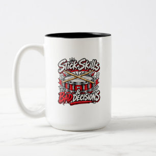 Caneca De Café Em Dois Tons Habilidades com Baquetas & Más Decisões Engraçado 