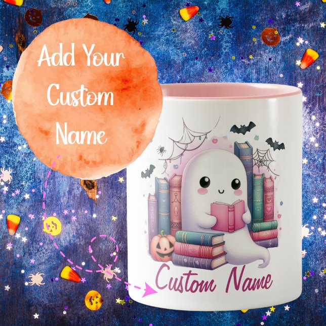 Caneca De Café Em Dois Tons Halloween do Leitor Ghost de Nome Personalizado (Criador carregado)