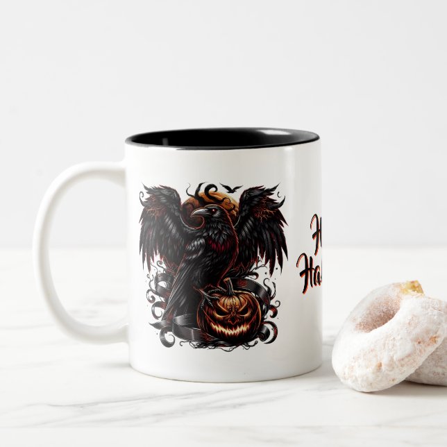 Caneca De Café Em Dois Tons Halloween Raven Coffee Mug (Com Donut)