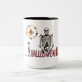 Caneca De Café Em Dois Tons Halloween Skeleton e Pumpkins