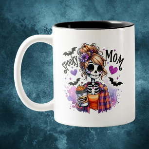 Caneca De Café Em Dois Tons Halloween Spooky Mãe Esqueleton Messy Bun Personal