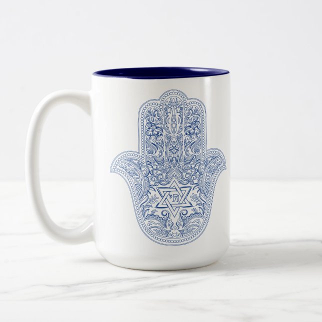 Caneca De Café Em Dois Tons Hamsa Café Mug - Azul e Branco - Judaica Gifts (Esquerda)