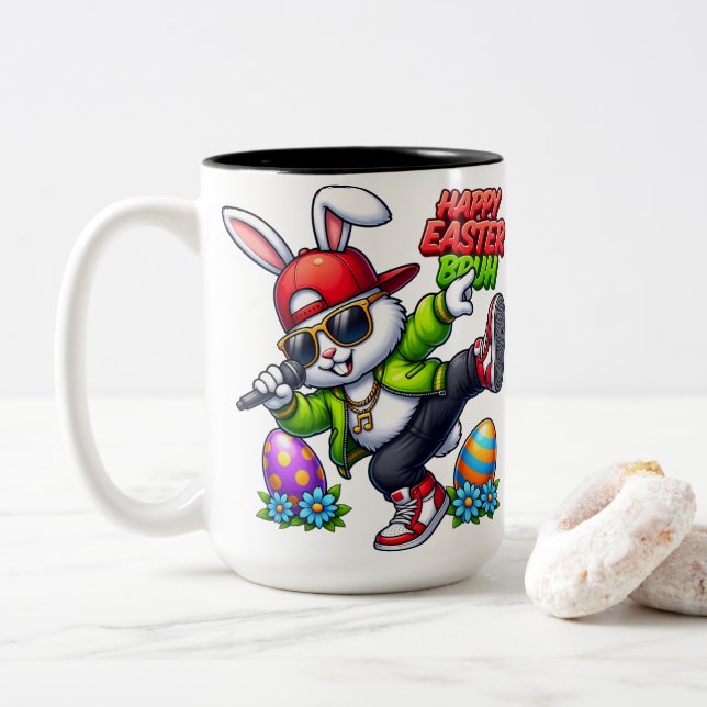 Caneca De Café Em Dois Tons Happy Easter Bruh Cool Bunny Sunglasses Streetwear (Com Donut)