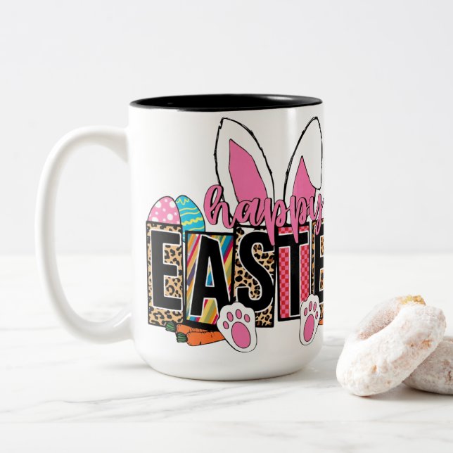Caneca De Café Em Dois Tons Happy Easter Bunny Ears Leopard Print Plaid Graphi (Com Donut)