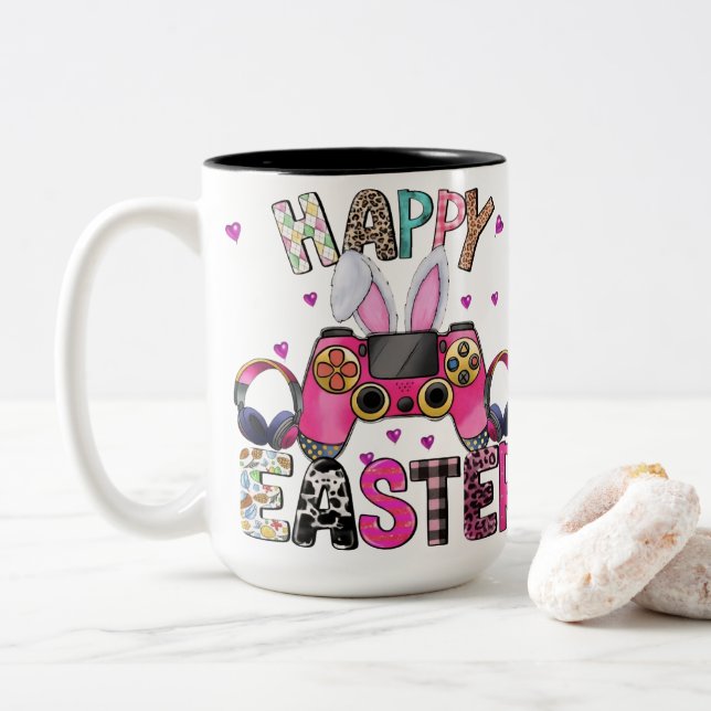 Caneca De Café Em Dois Tons Happy Easter Gamer Video Game Controller Bunny Ear (Com Donut)