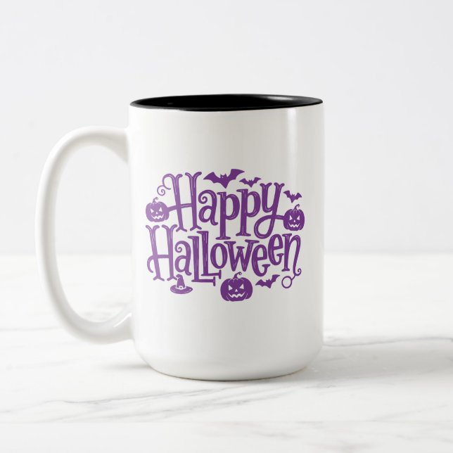 Caneca De Café Em Dois Tons Happy Halloween elegant purple white  (Esquerda)