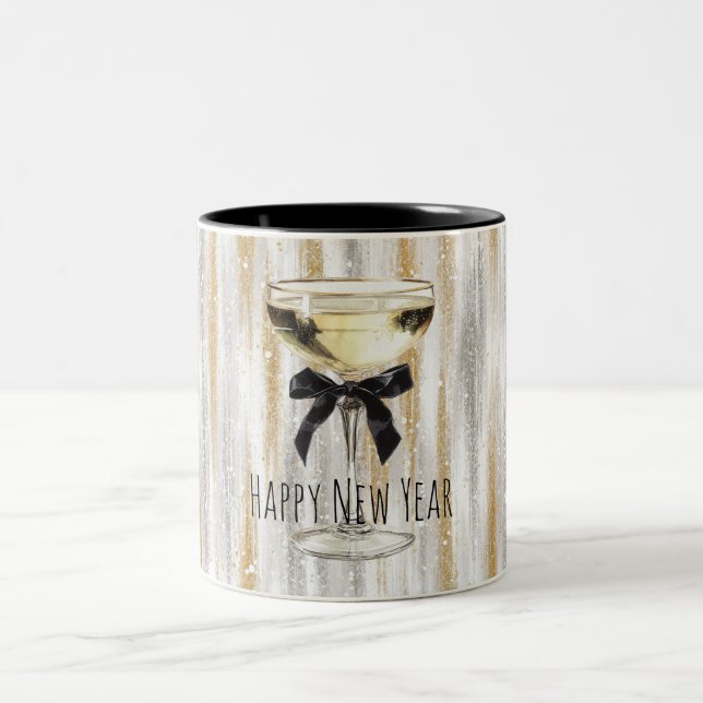 Caneca De Café Em Dois Tons Happy New Year Black Bow Gold Silver Champagne (Centro)