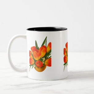 Caneca De Café Em Dois Tons Harmonia da Primavera – Tulipas Laranja e Amarelas