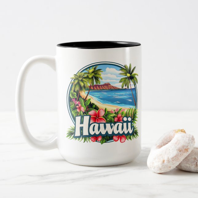Caneca De Café Em Dois Tons Hawaii Beach Tropical Flowtain Mountain Viagem Art (Com Donut)