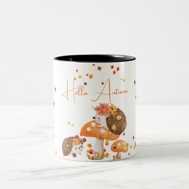 Caneca De Café Em Dois Tons Hedgehog Olá, outono Folhas de outono (Centro)