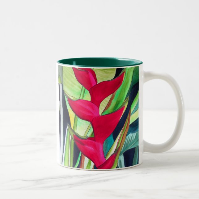 Caneca De Café Em Dois Tons Heliconia Lobster Claw, flor de aquarela tropical (Direita)