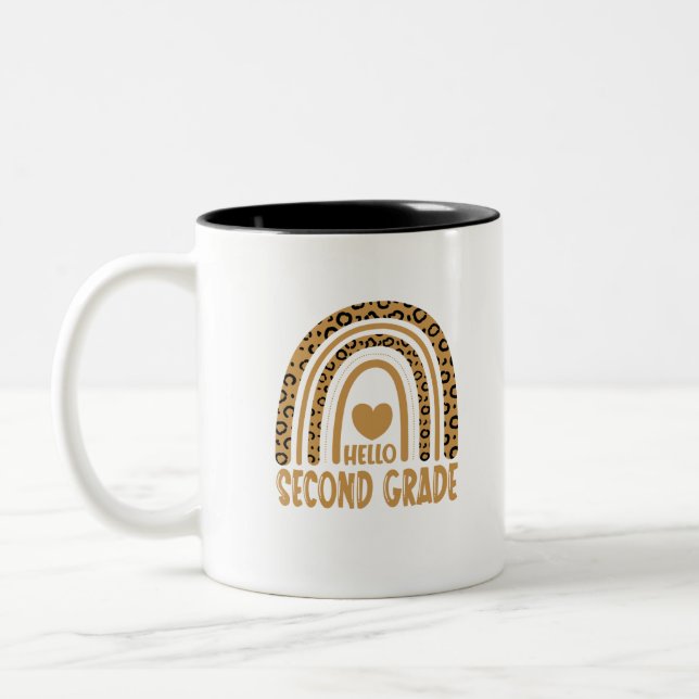 Caneca De Café Em Dois Tons Hello Second Grade-Leopard Rainbow-Back to School (Esquerda)