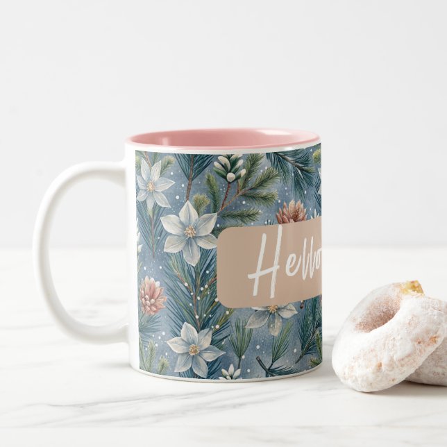 Caneca De Café Em Dois Tons Hello Winter Pines & Flowers (Com Donut)